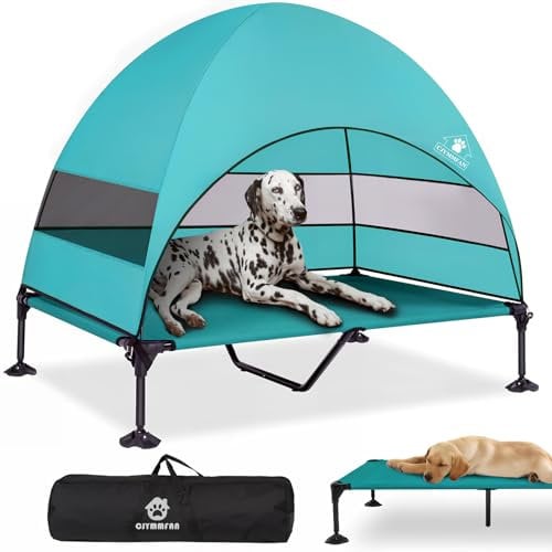 Raised Dog Bed with Awning, Outdoor Raised Lounger Tent with Non-Slip Feet, Portable Sleeping Camp with 3 Side Shading, Dog Sofa for Camping, Garden, Beach, Pool