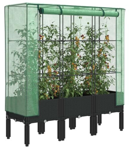 CozyAbode Hochbeet mit Gewächshaus Aufsatz Rattan Optik 120x40x140 cm Schwarz
