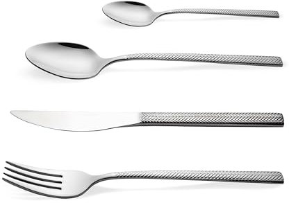 NUOVA HSSC Set Posate Spiga 16 Pezzi in Acciaio Inox con 4 Coltelli Forgiati, Forchette, Cucchiai e Cucchiaini, Impugnatura Ergonomica, Lavabili in Lavastoviglie, Colore Oro