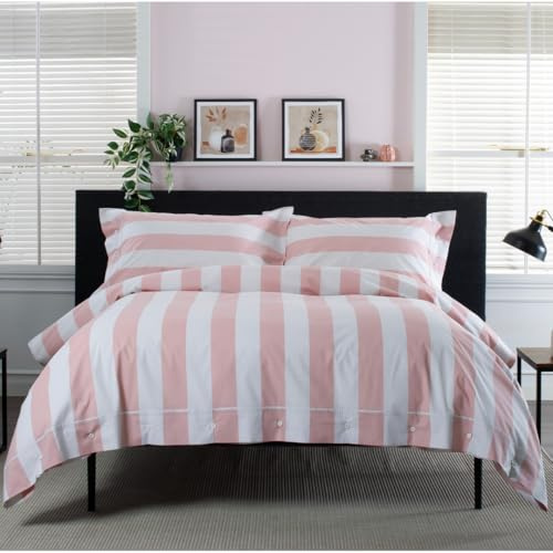 The Lyndon Company West End Duvet Cover Set 100% Cotton – Soft & Breathable, Striped Bedding with Pillowcases, Rubber Button Fastening, 144 TC, Blue, Pink, Green, Grey [RO-SK]