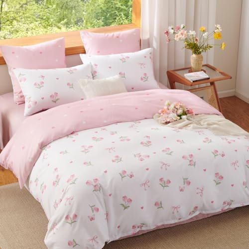 Lanqinglv Bettwäsche 155x220 Rosa Weiß Blumen Herzen Wende Bettwäsche Set Schmetterling Bettbezug mit Reißverschluss und 1 Kissenbezug 80x80,ÖkoTex Bettwäsche für Allergiker Geeignet
