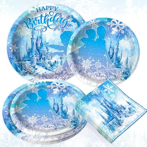LaVenty Frozen Forniture per feste di compleanno Piatti di fiocco di neve Tovagliolo Frozen Party Stoviglie usa e getta per decorazioni invernali del paese delle meraviglie Servire
