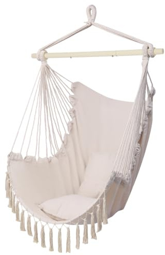 LEADZM Hängesessel Outdoor - Baumwolle mit 2 Kissen, Tragkraft 100 kg, hängestuhl für Garten Balkon Terrasse - Elegantes Design mit Quasten - 80 x 120 cm, Beige