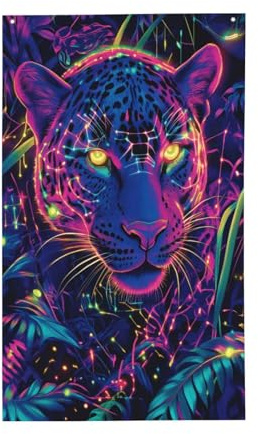 Flagge mit wildem Tier, Panther im Neon-Dschungel, Hof, Haus, 90 x 150 cm, mit Ösen, für drinnen und draußen, Party-Dekoration