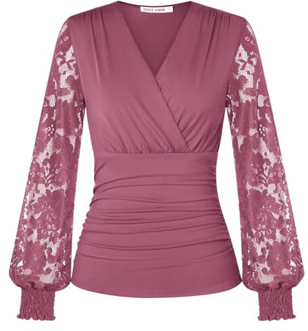 GRACE KARIN Women’s Long Sleeve Tops Lace Ruched Wrap Blouses Shirts | Dressy Casual Top with Long Lace Sleeves, Ruched Surplice V-Neck Blouse, Stretchy Hip Length Shirt, Elegant Tops for Women UK