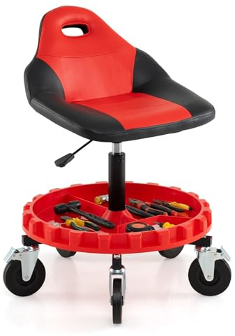 GYMAX Werkstatthocker mit Rückenlehne, 71-83 cm höhenverstellbar, Rollhocker mit drehbarem Sitz, Werkzeugablage & 360° Rollen, Praxis & Werkstatt Hocker, Werkstattsitz bis 150kg belastbar
