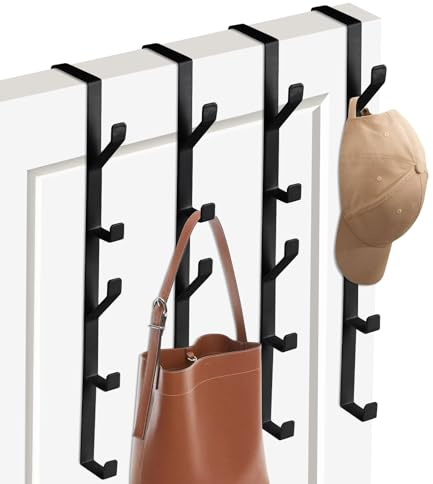 Tahbarshi Over The Door Hanger, 4 Pack Over The Door Hooks, Stainless Door Hangers for Clothes, Coat Hooks for Door for Coats, Hats, Bags, Clothes, Towels, Space Saving (Black)