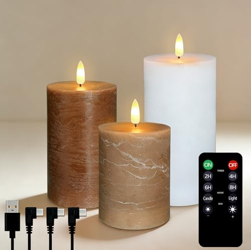 NICE PIONT Wiederaufladbare LED Kerzen mit Timer und Fernbedienung 3er Set, 5 Stufen Dimmbar, Flackernde Flamme, Wasserwellen Echtwachs Stumpenkerzen, Wohnzimmer Deko, Schlafzimmer Beleuchtung