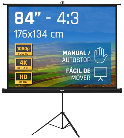 iggual Pantalla de Proyección 84” con Trípode de Acero - Enrollable Manual- Portátil con Bolsa- 4:3- Tela Blanca Mate de 4 Capas y Trasera Negra- Auto-Stop Ajustable- Compatible 4K Full HD (176x134cm)
