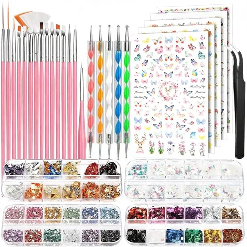 Nail Art Brushes Set, Nail Design Kit with Dotting Pens and Butterfly Sequins, Includes Stickers, Foils and Rhinestones