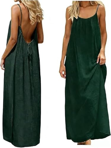 Backless Cami Dresses for Women Cami Lounge Dress Backless Solid Color Sleeveless House Dress Long Sundress with Back Tie Ladies Casual Maxi Loose Fit Beach Dresses Summer Holiday Tunic Sundress S-5XL