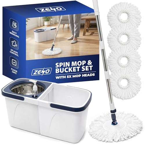 ZENO 360 Spin Mop and Bucket Set | Microfibre Floor Mop with 5 Replacement Heads | Stainless Steel Spin Wringer & Built-In Soap Dispenser | Adjustable Steel Handle 115-138cm (White & Blue)