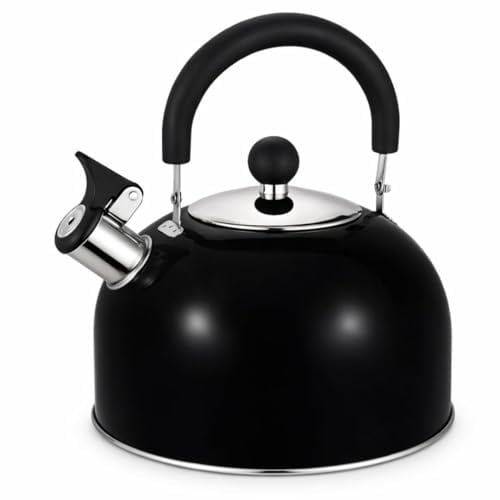 Premium 2.5L Stainless Steel Stove Top Kettle | Whistling Kettle for Gas Hob & Induction Hob & Great for Camping | Fast Boil Stove Top Tea Water Kettle with Whistle Spout | Black & White (Black)