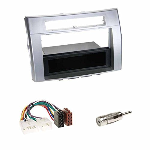 Einbauset: Autoradio Doppel-DIN 2-DIN Blende Einbaurahmen Radioblende + Fach Silber + ISO Radio Adapter Radioadapter Radioanschlusskabel + Antennenadapter für Toyota Corolla Verso (E12) 2004-2009