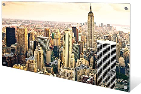 banjado® Wandgarderobe aus Echtglas/Design Garderobe 80x40x6 cm groß/Flurgarderobe mit 5 Haken/Magnetisches Garderobenpaneel Motiv New York City