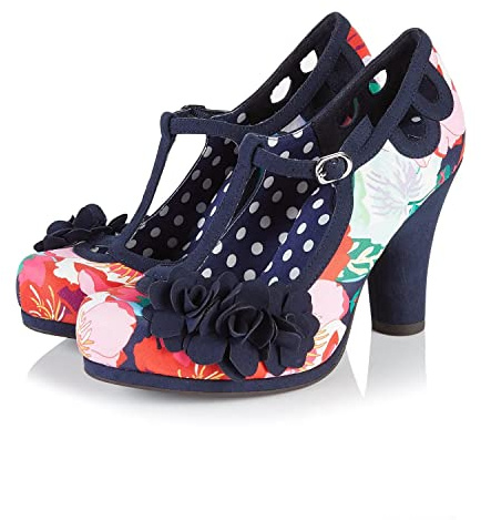 Ruby Shoo Valerie Exklusive Plateau-Schuhe mit T-Griff, Blumendruck, Marineblau, blumenmuster, 36 EU