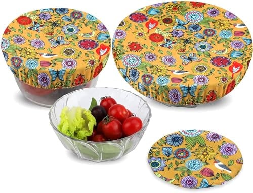 PHOGARY 3 Reusable Bowl Covers Lids, Food Cover, Stretched Lids, Waterproof Fabric Covers for Glass Salad Bowl, Pot, Melons, Elastic Edging (Sunflower)