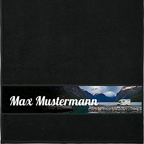 Manutextur Handtuch mit Namen - personalisiert - Motiv Wohnmobil 1 - viele Farben & Motive - Dusch-Handtuch - schwarz - Größe 50x100 cm - persönliches Geschenk mit Wunsch-Motiv und Wunsch-Name