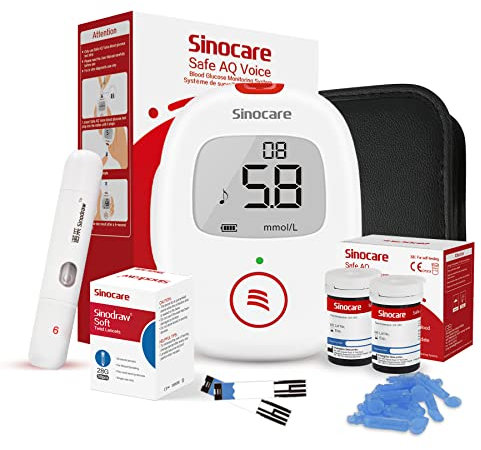 Blood Sugar Monitor, Sinocare Safe AQ Voice Blood Sugar Test Kit, 100 Test Strips & 100 Lans., Blood Glucose Monitors in mmol/L, Voice & Light Reminder, No Coding Diabetes Testing Kit for Home Use UK