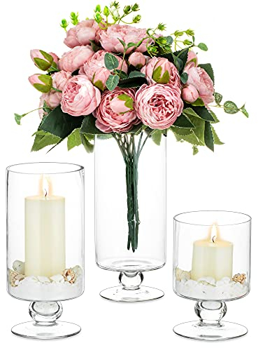 NUPTIO 3 Pièces Grand Vase et Bougeoir en Verre, Bougeoir Ouragan pour Bougies Piliers, Grands Vases pour Centres de Table, Décoration de Maison, Fête, Noël et Mariage