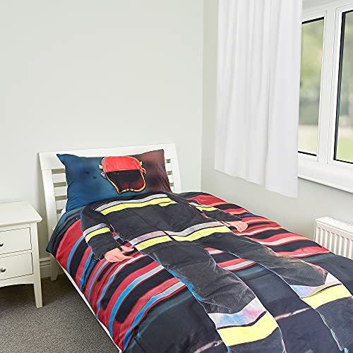 Zappi Co Feuerwehrmann Feuerwehrmann Kinderzimmer 100% Baumwolle Einzelbett-Bettwäsche-Set + Kissenbezug (135 x 200 cm) - Heldenhafte Bettwäsche für Kinder