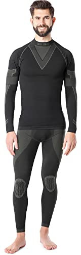 Ladeheid Herren Winter Thermounterwäsche Funktionsunterwäsche Set Langarm Shirt Lange Unterhose Thermoaktiv LAGI003 (Schwarz/Khaki, S)