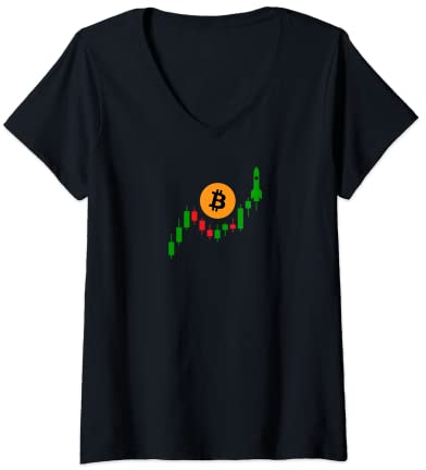 Damen Bitcoin Krypto Kerzen-Diagramm mit Mondrakete T-Shirt mit V-Ausschnitt