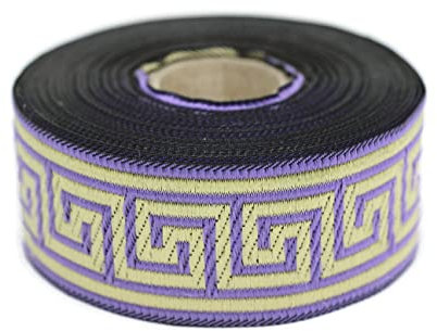35062 Band mit griechischem Schlüssel-Jacquard-Bordüre, besticktes Band, gewebte Bordüre, Vintage-Bordüre, 3,5 cm breit, Violett und Gold, 9,1 m