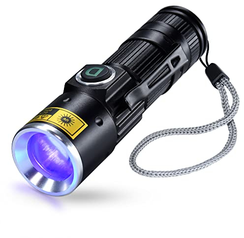 DARKDAWN UV 365nm Schwarzlicht Taschenlampe USB Wiederaufladbar, Holzlampe Ultraviolettes Licht LED Tragbar Mini, Detektor für Haustier Urin trockene Flecken, fluoreszierend, Banknote, Harzhärtung