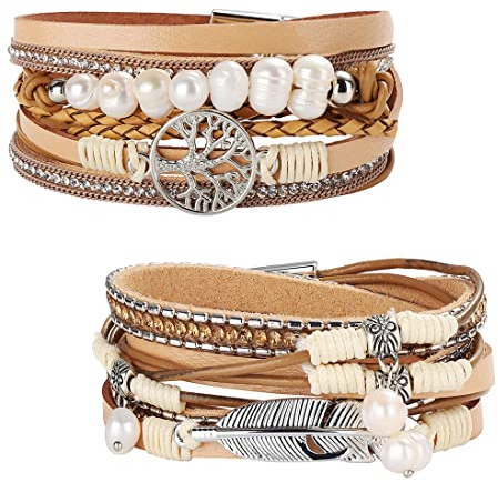 Milacolato 2 Stück Lederarmband Damen Boho Multilayer Baum Leder Armband Wrap Ledermanschettenarmbänder Grau Braun Schwarz Blau Magnetschnalle Armreifen Schmuck Geschenk Für Mutter Freunde