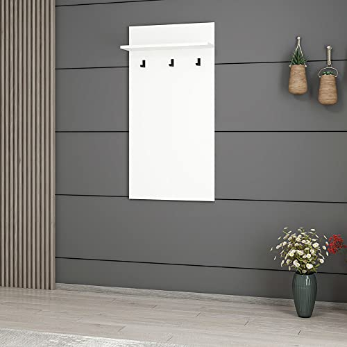 [en.casa] Appendiabiti da Parete (AxLxP) 118 x 60 x 16 cm Pannello da Ingresso con 3 Ganci e Piano di Appoggio - Bianco