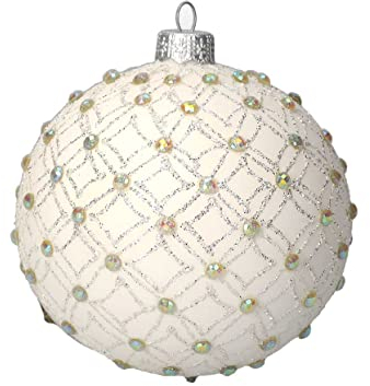 Keyhomestore - 4er Set Weihnachtsbaumkugeln aus Glas, weiß und silbernem Dekor und Glitzerapplikationen, Weihnachtsbaumschmuck für den Innenbereich, Durchmesser 10 cm.