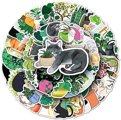 Cats and Plants Stickers for Laptop (50 PCS),Gift for Children Teens Adults Girl Boys,Waterproof Stickers for Water Bottle,Cute Cartoon Cats Vinyl Stickers for Scrapbook Skateboard Bike Phone Dairy