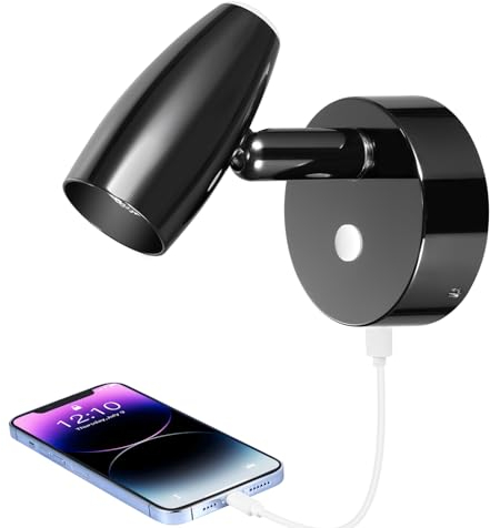Obeaming 12V Leselampe LED Wohnmobil Dimmbar mit USB-Ladegerät und Blaues Nachtlicht, Schwenkbar Spot Bettlampe, Wandlampe für Boot Wohnwagen Camper Yacht, 12-24VDC Gloss schwarz