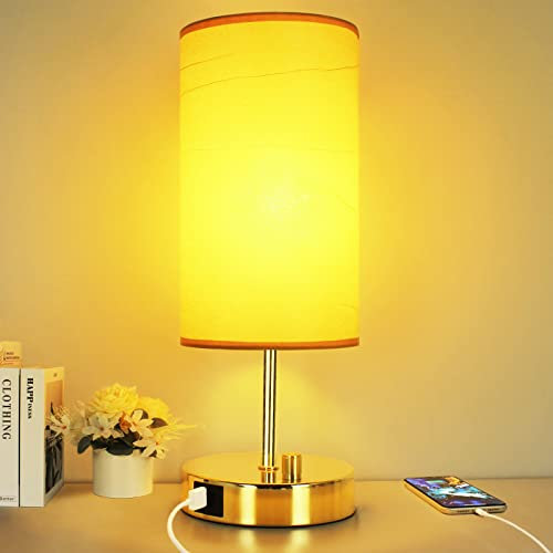 Allesgute Nachttischlampe Dimmbar mit Ladefunktion, Led Tischlampe E27 Gold mit 2 USB Ladeanschlüssen für Nachttisch, Schlafzimmer, Wohnzimmer, Schreibtisch, inkl. 8W Warmweiß Birne
