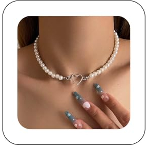 Yienate Boho Perlen Choker Halskette Kette Silber Herz Anhänger Halsketten Hochzeit Brautjungfern Weiß Zierliche Perle Choker Barock Perlenstränge Kette Schmuck Für Frauen Und Mädchen