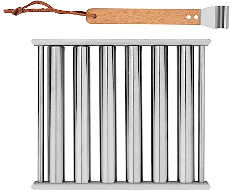 Edelstahl Hot Dog Roller für Grill + Metallspatel mit Langem Holzgriff, BBQ Wurstroller für Grill Platte 6 Rollen zum Halten von 5 Hot Dogs - Outdoor BBQ Essentials
