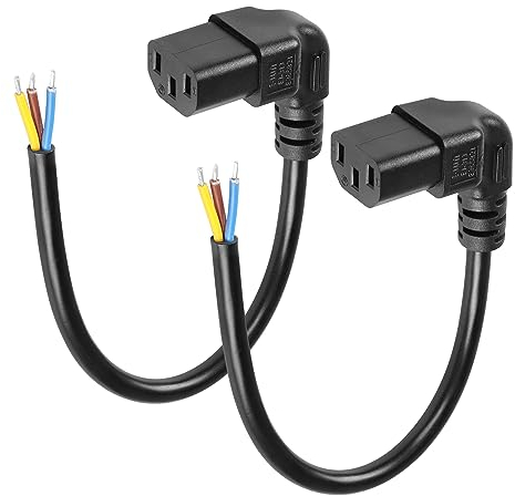 CERRXIAN 2PCS 1FT 90 Degree UP IEC 320 C13 Female 3 Pin with Open Wiring Stripped, Heavy Duty Replacement C13 to Bare Wire Power Supply Cable,Pigtail Open Cable