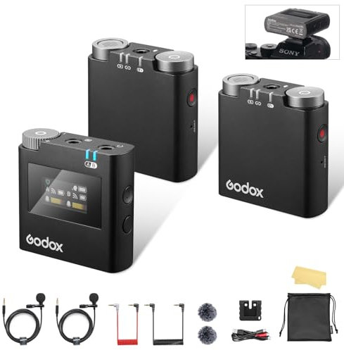 GODOX VirsoS M2 Wireless Lavalier Microphone System for Sony Camera, Mic Kit (2 TX+1 SRX+Charging Case), 200m(656ft) Range, 2.4GHz Noise Cancelling for Photography