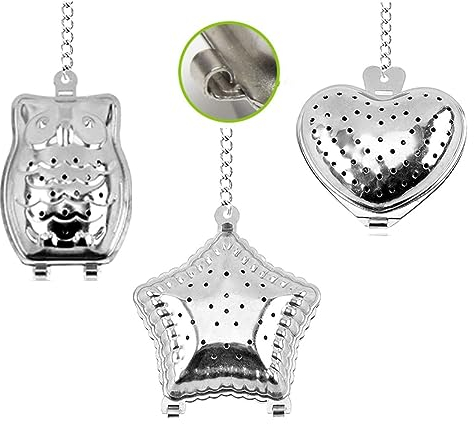 TDGBIH Tee-Ei Zubehör Siebeinsatz in Herzform, Eule, Sternform, Teesieb mit Kettenhaken, loser Tee-Ei für Teeblätter, Gewürze, 3 Stück