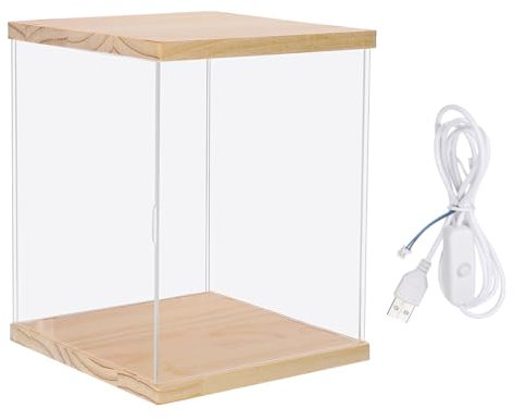 sourcing map Acryl-Vitrine mit LED-Licht, 20 x 20 x 30 cm, transparente Schaukasten, Figuren, Vitrine für Sammlerstücke