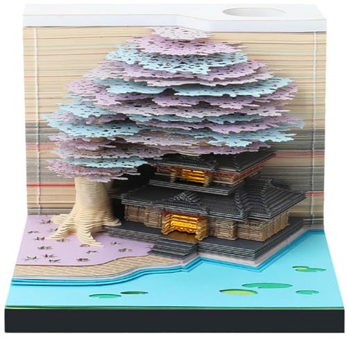 3D Desk Note Pad, Creative Memo Pad with LED Lights Pen Holder, Tear-Away 3D Art Note Pad DIY 3D Memo Pad Paper Carving Art for Home Office Christmas Desktop Decoration (Purple Tree House)