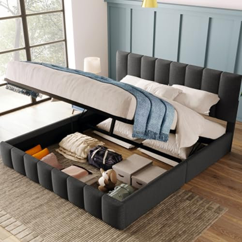 Tcewhhy Hydraulisch Polsterbett 140x200cm Doppelbett Verstellbares Kopfteil Lattenrost Aus Metallrahmen Stauraumbett Mit Bettkasten Jugendbett Leinenmaterial Gästebett Grau