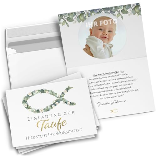 10 personalisierte Taufe Einladungskarten mit eigenem Text und Foto - Tauf-Einladungen mit Umschlag Eukalyptus Motiv Blumen Fisch Modern Edel