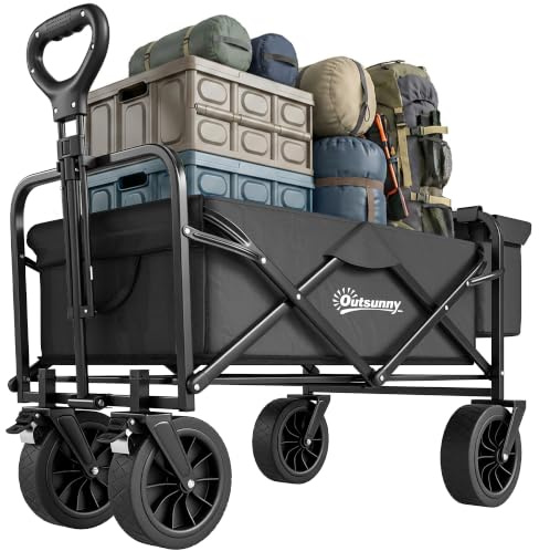 Outsunny Carro Playa Plegable con Ruedas Grandes para Exterior Negro | Bolsa Térmica Desmontable, Longitud y Ángulo del Mango Ajustables, Bolsa Transporte, Carga 100 kg, Compra, Jardín