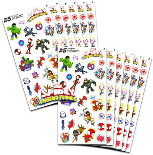 Marvel Spidey & Friends - Confezione da 12 fogli adesivi per feste di compleanno per bambini e ragazze, confezione da 12 fogli adesivi per feste di compleanno per bambini, accessori per feste di