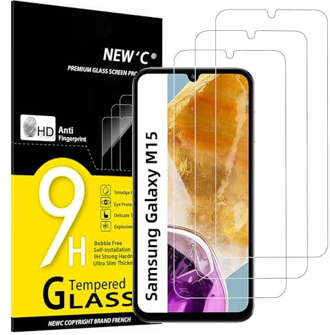 NEW'C 3 Piezas, Protector Pantalla para Samsung Galaxy M15 5G, Cristal templado Antiarañazos, Antihuellas, Sin Burbujas, Dureza 9H, 0.33 mm Ultra Transparente, Ultra Resistente