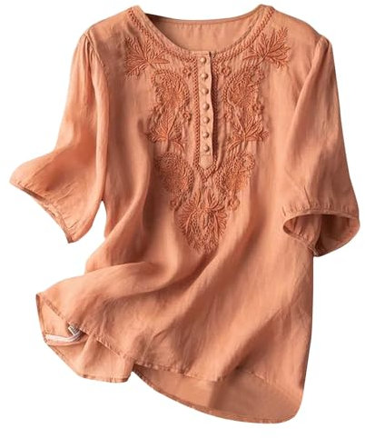 AMhomely Summer Women's Cotton Linen Loose Blouse Tops Ladies T-Shirts Embroidery Shirts Short Sleeve Elegant Blouse Solid V Neck Tunic Tops Plus Size Orange XXL