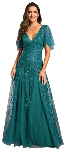 Ever-Pretty Women's V Neck Short Sleeve Elegant Floor Length A Line Long Tulle Evening Dresses Teal 10UK