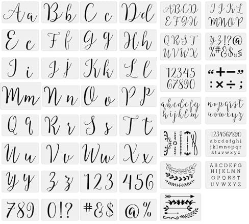 45 STK Buchstaben Schablonen Set, Wiederverwendbare Schablonen Textilgestaltung Wandgestaltung, Alphabet Zeichenschablonen Buchstaben Graffiti Zahlen Schablonen Malen für DIY Malerei Holz Wand